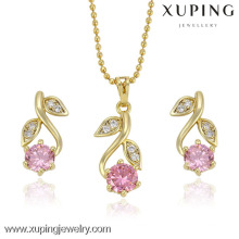 63836 fashion leaf 14k gold color pink CZ charm design jewelry set